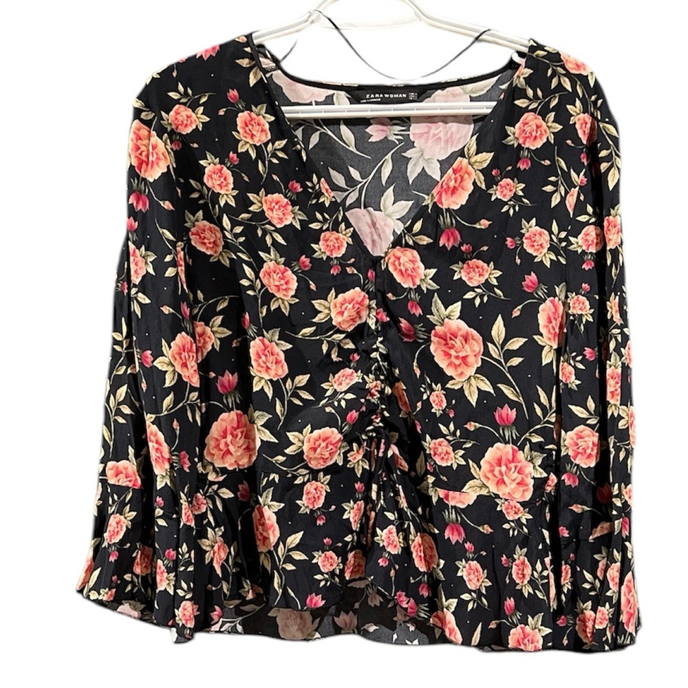 Zara Black & Pink Floral Blouse - Size Extra Large (NWOT)